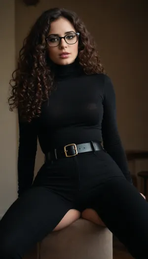 hot brunette, (dark long curly hair), black tight jeans, belt, tight dark turtleneck, glasses, sitting facing viewer, legs crossed, extreme narrow waist, ((extreme big butt)), big tits