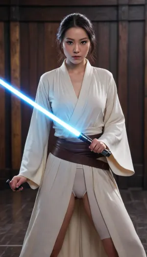 ((female Japanese actress, Jedi Knight, in Jedi Garb, elegant royal Jedi robes)), (((lightsaber, holding lightsaber with both hands, inviting stance, reviling only one nipple))), (midnight black hair, bright glowing eyes, gigantic breasts), full body, masterpiece, best quality 4k HDR high resolution realistic photograph, cinematic lighting, high emotional intensity, moody atmosphere, symbolic contrast of light and dark, epic sci-fi fantasy, sharp focus, dramatic, soft lighting, natural light, <lora:Detailed_female_hands-000001:2>