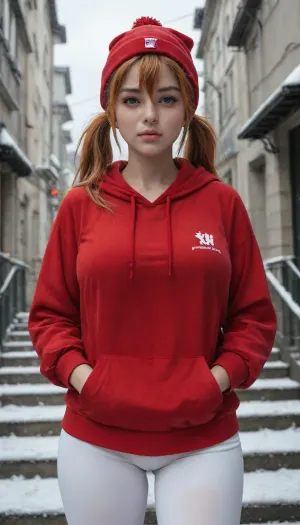 masterpiece, best quality, 1 girl, solo, kmazm, orange hair, twintail, long hair, hair between eyes, purple eyes, (big breasts), (curvy hips), red hoodie, white leggings, athletic leggings, hands in pockets, T, pouty lips, V-shaped eyebrows, blush, cold, winter, stairs, city, gray sky, ch2_v1, red, dress, hat, <lora:Christmas_clothes:.8>