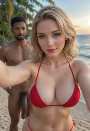 (masterpiece, best quality), explicit interracial couple caressing on the tropical beach. French woman, blonde hair, facing the camera, 40 years old, (beautiful:1.8), (Molly Carlson), (curvy:1.7), ((fertile goddess)), wide hips, big bubble butt, thick thighs, dressed in a red string bikini, covered breasts, protruding nipples, (small, natural, teardrop breasts), arm outstretched taking the selfie, perfect heavy makeup, red lipstick, seductive eyes, wry smile, looking at the viewer, closed lips, sexy head-tilt, S-curve model pose, (Detailed_female_hands-000001:.8), perfect detailed hands, wedding ring, (((embraced from behind))), his hands are caressing her body, 1man, (((male model face))), black African, black skin, swimwear, naked torso, muscular, athletic, bulging brutish muscles, holding her hips, (caressing:1.6), big cock . Beach, sea, sand, sunny sky, hot midday setting, energetic tone, (Sexy-selfie:1.2), close-up, perpendicular side view, sunlight lit from the front, sunlight reflecting off skin, captured with a Leica M10, Leica Summilux 50mm f/1.4 lens, sharp focus, best shadow, score_9, score_8_up, 8K, UHD, clear image, extremely sharp, extremely detailed, extremely intricate detail, high res, ultra-high-definition, highly detailed, ultra-sharp textures, finely detailed, perfect skin texture, hyperrealistic lighting, professional photography, full dynamic range, deep contrast, high clarity, realistic depth of field, HDR, perfect exposure, smooth gradients, volumetric lighting, natural reflections, ultra-fine details, realistic skin pores, individual hair strands, bokeh, soft shadows, color-graded, dvr-shrp, sexy ass, small, shadow, minimalism, <lora:attractive_notrigger:1.5>, <lora:WildcardX-XL-Detail-Enhancer:1.5>, <lora:EnvyShadowMinimalismXL01:1.5>, <lora:EnvyThiccXL02:1.5>, <lora:NSFW_Reality_Engine_XL05:1.5>