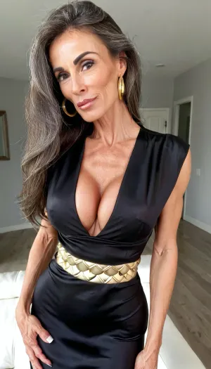 Voyeur, Beautiful model, ((wearing black silk dress)), standing in front of me, shy, vneck, big bolted on lips, nice eyes, beautiful aged skin, thick lips, thick eyebrows, gold jewelry and earrings, rich French Canadian mom, super beautiful muscle 49yo gray brown hair, long hair, large muscles, very fit, nice photo, 4ng3l, face, <lora:SDXL_BetterFaces-LoRA_v1:.8>, <lora:ThePitXL:.8>