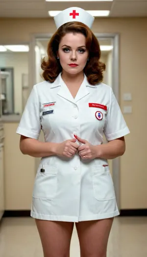 lLynda Baron bbw type woman, full body image, 70's style wearing nurse uniform