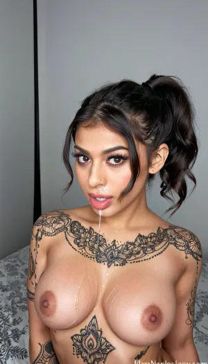 Super realistic, super quality, super detailed. Yasmina Khan, hazel eyes, raven black wavy hair, soft body, l, front view, mehndi tattoo, mehndi tatto between tits, big volouminous ponytail, <lora:tiedbreastsblue_XL_reg0_:.8>, woman, cum, on, face, <lora:JustCum:.8>