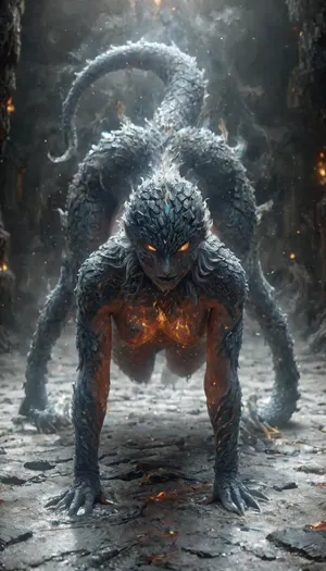 Fire Naked woman with a lizard tail standing, completely covered in silvery scales, large breasts, her breasts are tight and hanging to the floor, the woman is naked. She has a lizard tail, the tail is as long as her body. The tail is raised up. It is covered with scales, the skin is covered with scales, the woman fire has scaly skin the scales are ashy silver, (correct tail positioning), (no missing limbs), (han, yu, long, huang\), (han, yu, long, huang\), ral-embrglt, DonMF1r3y4by55XL, firecd_xl, flmngprsn, <lora:ral-embrglt-sdxl:2>, <lora:DonMF1r3y4by55XL:2>, <lora:firecd_xl-000017:2>, <lora:lora-sdxl-flaming-person:2>, <lora:SG2:2>