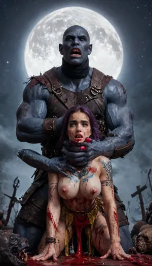 (Vampirella:1.12), Vampirella wearing classic suit, female drow elf barbarian, (dark night blue skin:1.98), tall, angry, busty, curvy, thin waist, big boobs, big butt, slim, fit, vitiligo, strong, fur pelt armor, dungeons and dragons, purplish blue skin, black and purple hair, Dark, Elf, Warrior, Drow, tattooed, scarred, purple eyes, blue skin, amazon, giant, fur barbarian armor, bloody, blood spatter, bear, bear heart, (in a bloody filed after a battle, white full moon in the sky:1.4), (man is choking her from behind:1.4), ((hogtied, bound with large chains, tied to a torture table:1.3)), cock in mouth, (brutal face fuck), Blowjob, (tears in eyes:1.5), (running makeup), (cum drips from nose:1.3), (cum drips from mouth:1.3), ultra hd, photorealistic, hyper gigantic large black cock in mouth, (((hyper gigantic large black cock in mouth:1.3))), oral cream pie, hair grab, sad, sad crying, tongue out, gasping for air, zavy-brbrn, gangbang, double anal penetration, anal spitroast, groupsex, deepthroat, (4 gigantic African black brute thug, huge trunklike arms, huge head, hyper muscular body, dressed in slave clothes:1.32), ((hogtied, bound for sex, tied up)), (eyes wide open in horror:1.72), (wide mouth spreader:1.8), (pleading expression:1.56), (terrified:1.48), (crying:1.48), (fear and panic:1.56), (pulled nipples:1.2), nipple clamps, (((spitroast))), (((hyper large cock in mouth:1.3))), shocked, deep anal penetration, Uber realistic, 8k, ultra detailed, masterpiece, arched back, detailxl, 35mm photograph, film, professional, 4k, 1girl, 5 boys, hdr, photographic, ultra realistic, ultra high details, back light, gargantuan black cocks, anal sex expansion, large hyper muscular fat old men, (double anal sex), swollen white veiny cocks, (double anal penetration), hardcore double penetration, proper physics, big white cocks, muscular white double anal gangbang, (forceful penetrations), extremely graphic, shocked expression, beautiful hands, massive cum in ass, defeating a woman in combat, fighting, killing, blood, winning fight, magazine cover, Realism_Quality_2xx_By_Stable_Yogi, score_9, score_8_up, score_7_up, (((very pretty face:1.3))), (((extremely ultra detailed face:1.3))), perfect fingers and hands, upper body view, (extreme size difference:1.6), (ultra realistic), (maximum quality), (high resolution), (extreme detail), (ultra realism), UHD, super high quality, highly detailed, high resolution, perfect lighting, natural lighting, (dynamic pose), (dynamic angle), (random angle), (random pose), (dynamic view), (random view), best quality, volumetric lighting, golden hour lighting, dramatic shadows, rich details, nature-inspired color palette, (below view:1.45), (side view:1.12), <lora:Dark_Elf_Warrior:2>, <lora:Drow:2>, <lora:zavy-brbrn-sdxl:2>, <lora:LCMTurboMix_Euler_A_fix:2>