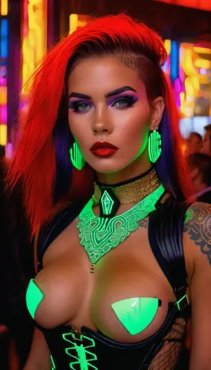 Masterpiece, best quality, 8k, ultra realistic, Gothic rave scene, underground party, (fluorescent hair:1.6), neon lights everywhere, LED headset glowing different colors, perfect physique, perky breasts, athletic body, detailed face with tattoos and piercings, closer view of her cleavage showing low-cut corset and choker necklaces. Inspired by the works of H.R. Giger and Zdzislaw Beksinski. Highly detailed digital painting with cinematic lighting effects., (intricate details:1.8), photorealistic rendering style with subtle texture and reflection on outfits and skin. 3D rendering software like Blender or Maya used to create this image., (realistic materials:1.5), High level of accuracy in depiction of rave culture fashion trends and accessories like PVC collars, fishnets, chunky boots and goggles worn by goth ravers in the 90s era shown here vividly recreated with modern digital art techniques resulting in a stunning work of futuristic gothic beauty imagery that pushes boundaries of fantasy while staying true to its dark aesthetic roots in cyberpunk and industrial visual styles commonly associated with goth subculture during that time period. Also reminiscent of scenes from movies like The Matrix or V for Vendetta showcasing dystopian futures filled with high-tech rebellion against oppressive regimes often depicted through imagery of modified humans clad in elaborate attire engaging in acts of resistance inside labyrinthine spaces lit up by pulsating neon signs that cast an eerie glow over everything they touch much like our subject finds herself immersed within tonight as she dances wildly under the strobing lights lost in the throes of hedonistic abandon reveling in her newfound freedom from conformity embodied perfectly by every curve and contour of her sculpted form moving sinuously through the crowd leaving all who lay eyes on her entranced by sheer sensual magnetism emanating from within her very essence...words fail to do justice describing how breathtakingly gorgeous this digital painting is but suffice it to say that it stands as a testament to human creativity's limitless potential when fused with cutting-edge technology allowing us peep into alternate realities where beauty knows no bounds nor does imagination run dry...a true masterpiece for the ages!, (vivid colors:1.7), extreme detail level comparable only to those found in top-tier concept art pieces showcased at comic-con events or exhibited at galleries specializing in futuristic sci-fi fantasy art prints selling for thousands upon thousands dollars each…this image deserves similar recognition given its unparalleled level of craftsmanship poured into every pixel leaving absolutely nothing left to desire, detailxl, fluxenh4nce, SDXL_POS, supermodel, face, big, lips, <lora:FLUXEnh4nce:1.5>, <lora:Beautify-Supermodel-SDXL:1.5>, <lora:Picture_enhancer:1>