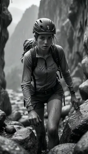 (monochrome:1.6), A highly detailed, full-body, photorealistic depiction of a 25-year-old female climber, caught in a challenging situation in the high alpine environment, (She changes sides by climbing in a rock crevice:1.3), (she finds stability in the split position:1.3), every muscle tensed and defined, her clothing soaked through after hours of heavy rain, (clinging to her body and highlighting every contour:1.3), a wet backpack is visible, adding to the sense of her struggle, (her hands and fingers are sharply defined:1.7), (showing the strain of her climb:1.4), the rocky surface is slick and rain-soaked, every detail of the wet, textured rock is visible, the rain-soaked environment clings to her form, she wears a helmet for safety, and her athletic clothing, a tight-fitting top and shorts, is completely drenched, emphasizing her strength and determination, the scene is in monochrome, highlighting the dramatic contrast of light and shadow, the rain pours heavily, making the rocky terrain slippery and treacherous, in the background, the vast alpine landscape stretches out, with towering peaks and deep valleys, capturing the intensity of her climb and the formidable environment, <lora:pouring_rain_XL:1.7>, <lora:MJ52:.6>, <lora:add-detail-xl:.5>