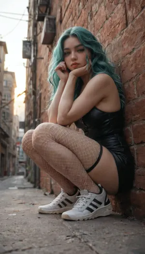 score_9, score_8_up, masterpiece, best quality, 1girl, adult woman, sexy cosplay girl, very seductive, erotic presence, slim but curvy body, long legs, soft feminine curves, curvy ass, anime-inspired cosplay look, very long turquoise twin tails, thick flowing hair reaching the ground, pale smooth skin, porcelain complexion, provocative crouching pose, squatting low on a concrete ledge, knees bent close together, body leaning forward slightly, one elbow resting on knee, hand supporting cheek, lazy, teasing, sleepy posture, voyeuristic low-angle perspective, wearing a short black dress or fitted outfit, tight fabric hugging hips and thighs, fishnet stockings clearly visible, bare legs emphasized by pose, chunky sneakers with thick soles, casual fetish streetwear vibe, seductive facial expression, half-lidded sleepy eyes, soft bored gaze looking down at the viewer, slightly parted lips, subtle blush on cheeks, calm but very sexual mood, dirty afterparty details, beer can placed beside her, messy surroundings, concrete walls, stairwell or corridor, urban indoor setting, warm yellow lighting contrasting cold hair color, cinematic low-light photography, soft shadows, realistic skin texture, visible pores, no anime exaggeration, fashion-erotica realism, DSLR photo look, sharp focus, ultra high resolution