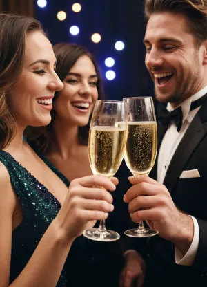 Cinematic, New Year's Eve revelers stumble with champagne glasses, laughing, drunk, happy.