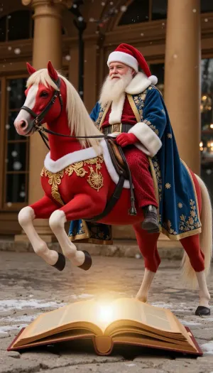 (masterpiece:1.2), (high quality:1.2), photorealistic, detailed, (Santa Claus on a red horse:1.1), (winter clothes:1.2), (blue velvet cloak with gold embroidery:1.2), (white fur inserts:1.1), (red hat with pompom:1.1), (white beard:1.1), (rich gold jewelry on horse:1.1), (white mane and tail:1.1), (open book:1.2), (A horse, reared up on its haunches over an open book:1.2), (close-up), ((glowing effect of book:1.1)), (falling snow:1.1), (columns in background:1.1), (golden light:1.1), (deep focus), (emphasis on detail), (ornate), (charming), (festive)