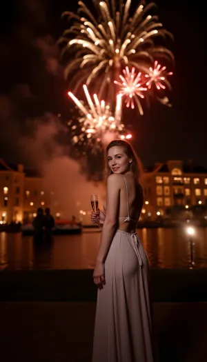 A 25-year-old danish woman, in evening dress, showing nipples, holding a glass of champagne, a firework display above the Tivoli Gardens writing happy new year