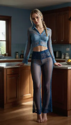 On a beautiful summer morning, in a large and beautiful kitchen, the room was beautifully lit. A woman, around 20 years old, blonde with a braid, small, firm breasts, slightly tousled hair, and a round, firm bottom, had just gotten up. Leaning on the kitchen island, she struck a sexy pose, giving a seductive look. She wore sheer blue lace pants and a matching blue lace blouse, full body, front view, seethroughol, seethrougholback, <lora:SeeThroughOLXLv2:.8>