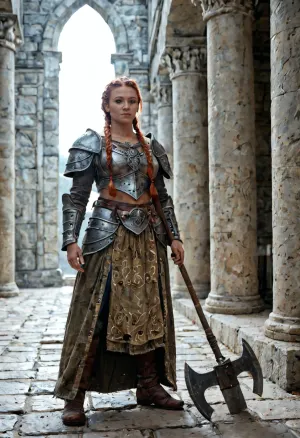 female dwarf warrior, stout and strong, braided hair and beard beads, ornate dwarven armor, massive axe in hand, standing proudly in a great dwarven hall, carved stone pillars, glowing forges, fantasy art style, cinematic lighting, masterpiece, best quality