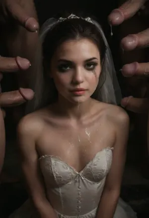 Chiaroscuro, high contrast, high resolution, high quality, waist up, well-lit beautiful 18 years old femboy bride who just had 12 guys in a bukakke, 12 loads of cum on face, flat-chested, bride has cock, photo of woman, cum on face, covered with massive loads of cum, thick white cum, (Hair up in elaborate bun:1.4), (((loads of cum on her face:1.6))), Hands stroking cocks, cum dripping from face, cum on chest, (kneeling model posing, (slutty wedding dress:1.2), (white corset:1.2), (wedding veil:1.3), (white lace gloves), pearl necklace, pearl earrings, very cute, out of focus colorful flowers in a romantic outdoor background, ruined heavy wedding day makeup, heavy eyeliner running down face, on, face, bukkake, cum), men, four cocks around her, EXPRESSION, sexy smile, bukkake, cum, girl, chiaroscuro, style, dim, light, ruined, makeup, <lora:MS_Real_XL_Bukkake:.8>, <lora:JustCum:1.4>, <lora:dark:.3>, <lora:polyhedron_chiaroscuro-000005:1.4>, <lora:ruined1:1.3>