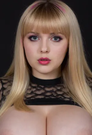 Obese 18 year old German girl, long blonde hair with pink highlights, hot pink lipstick, black eyeliner, massive bust, chubby face, wide jawline, black background, bangs, Amaduyu, Tatsuki, style, Takeshi, Nakamura, <lora:Leaf_XL:.1>