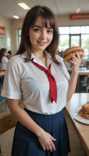 ((Hyper realistic)), ((perfect body proportion)), Busty girl, plump girl, Fastfood restaurant, tight full school uniform, (obvious school emblem on uniform), thin clothes, translucent clothes, welcoming smile, long bob hair, bangs, blushing, (realistic hotdog), photo, portrait, <lora:real-humans-PublicPrompts:.8>, <lora:RsmJemma1XL:.8>