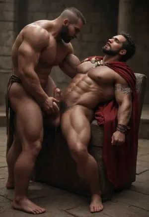 "masterpiece, best quality, highres, realistic, 8K, explicit over 35y.o_45yo.male on male gay sex scene in ancient Roman arena, two muscular very hairy bearded gay men, one wearing red cape detailed male anatomy, aroused expressions, (cum dripping), ., "male muscular bald head man bearded, (gold chainmail short wrap around waist), bottom edge short showing ass cheeks underneath, (man on knees performing oral sex), (man sucking cock deeply), gagging, detailed male faces with lustful eyes, toned body, ((male huge gard erect nipples)), ". "Gladiator male slave, tall muscular man, tied up with ropes on wrists and ankles, just wearing short loincloth wrap around hips, ass fully exposed and on display, large cock in loincloth soaked with cum, (erect cock being sucked), (moaning open mouth), (veins on cock visible), (precum and cum on fabric), "., @hrypctls1, hairy, chest, chocking on cum, full image of both Men's faces, (change sexual positions and vuiwing angles randomly, Fucking, sucking, wanking, 69, doggy-style, missionary, tattooed body art), <lora:@hrypctls1.v1.concept.sdxl_epoch_3:1.5>, <lora:dark:.4>, <lora:bigg:1.5>