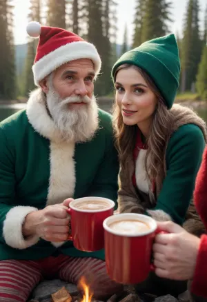 Hyperrealistic masterpiece, Santa's elves relaxing with pointy ears and charismatic, weathered faces, pointed ears, years older, detailed outfits with striped tights, green jackets and pointy hats, relaxing at the North Pole drinking hot chocolate by a campfire under the golden hour sunlight, a lake, realistic snow, pine trees, creamy bokeh, 8k, cinematic lighting, sophisticated and sensual adult atmosphere, (detailed hand, 1.2), (. Face detailed:1.1)