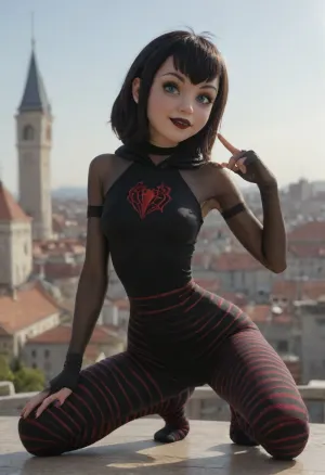 Mavis Dracula from Hotel Transylvania, 18 years old, beautiful face, ((spider-girl outfit)), outfit has hood and gloves, (very narrow waist:1.4), athletic body, skinny body, petite, erect nipples, dynamic pose, hand up, pinching nipple, armpit, rear view, bright sunshine, roof of modern high building, crouching, side view