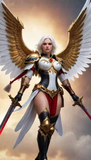 female angel, flying, (big natural breast, in revealing black and gold and red armor, large white angel wings, angelic sword), in the sky, Celestine, the Living Saint from warhammer 40k, adepta, sororitas, <lora:adepta_sororitas_xl_v1:.8>