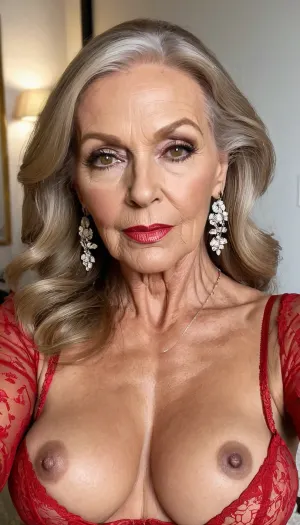 old granny mature, sexy 70 years, dark blonde, long hair, tan skin, very glamour, huge hoop earrings, black smoked eyes, necklace, heavy make up, make up on eyes, thin, tiny little tits, very small flat boobs, at the fancy room, selfie face focus, looking at the camera, sexy orgasm face, charming, very hot and horny, red sexy long sleeve flowered lingerie