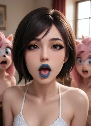 Photorealistic, high resolution, professional photography, (Style by NTY:1.4), ((Amy Wong:1.7), from Futurama), ((makeup:1.8), long blue eyelashes, olive eyeshadow with glitter), (blue lips:1.2), open mouth, saliva, legs in stockings and shoes, large pear-shaped breasts, futurama, amy, fry, (Amy Wong:1.7), farnsworth, hermes, bender, artoflips, uoclips, lips, lipstick, art, of, <lora:futurama:1.3>, <lora:3D XL:1.8>, <lora:legupsex_XL_9_-000009:2>, <lora:8_Lips:.8>, <lora:Art_Of_Lips_PONY_XL_By_UOC:.8>