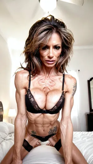 Sexy alternative punk MILF Italian escort, supermodel. thick brown streaked messy hair, squeezing saggy tits, posing like a model on my bed, leaning over, strong skinny muscles, fake lips, in my bedroom, super skinny, muscular, full of tattoos, sun damaged and old skin, 49yo, black MarieMur lingerie, cleavage, pov, skinny muscular body, elegant, beautiful, 4ng3l, face, <lora:SDXL_BetterFaces-LoRA_v1:.8>, <lora:ThePitXL:.8>