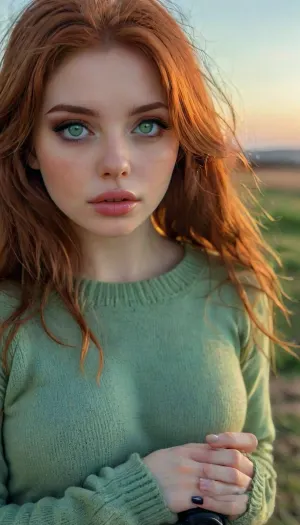 girl wearing a black micro dress, sweater, big green eyes, overknee winter boots, long hair, seductive eyes, cute face, sweedish girl, redhead, soft lips, extreme snatched waist, dynamic angle, autumn fashion, sunset, nia, 1girl, green, eyes, blue, brown, perfecteyes, 4ng3l, face, <lora:PerfectEyesXL:1.1>, <lora:Stunning_eyes_2:.5>, <lora:style_lora_realis:2>, <lora:SDXL_BetterFaces-LoRA_v1:1.7>
