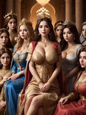 Портрет благородной дамы в сложном платье с замысловатыми деталями, окруженный ее группой дам, был создан с помощью разрешения 8k и текста с высоким разрешением. Освещение и тени были драматичными, создавая атмосферу величия