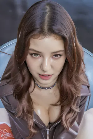 The young woman in the photo is a professional model who has just finished a shoot for her latest movie. She is wearing a leather jacket and posing seductively in front of the camera. Her skin is smooth and flawless, with no visible flaws