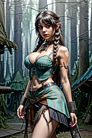 Une superbe photo d'une fille chaude avec une coupe de cheveux pixie et des tatouages corps entiers portant un style de cheveux tressé en noir et blanc avec des couleurs vibrantes