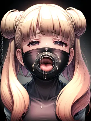 woman, (best quality, masterpiece, perfect illumination, 4k, ultra detailed, detailed skin), (brick wall background), portrait, (face close-up, blonde hair, long hair, huge breasts, crying), (black mask, (mask on the lower half of the face:.8), (valve mask), (mask with a gag ring inserted into the mouth), open mouth, (tongue sticking out, plug gag, tongue), drooling, a lot of drool has flowed), (dildo plug for gag, plug on a chain), a metal collar, <lora:more_details:.5>, <lora:plugGag-000050:.9>