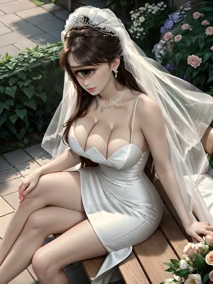 woman, professional wedding photograph of a beautiful 20yo brunette bride wearing an elegant modern wedding dress, three breasts, deep cleavage, one large hazel eye, detailed hair, extremely narrow waist, sultry smile, makeup, lipstick, eyeshadow, earrings, necklace, resting on a bench in a flower garden, sitting with legs apart, no panties, full body view, white platform stiletto high heels, masterpiece, top quality, best quality, official art, 8k, highres, ultra-high res, ultra-detailed, (realistic:1.1), 4k, ultra hires, realistic, photo realistic, RAW photo, hdr, sharp focus, skin imperfections, hard light, atmospheric, triboob_cleavage, <lora:triboob_cleavage-10:.85>, three long beautiful legs, (no panties:1), pussy peek, (trileg:1), <lora:trileg_v2-04:.48>, (cyclopscpt:1.6), <lora:cyclops_cpt_v01:1.14>