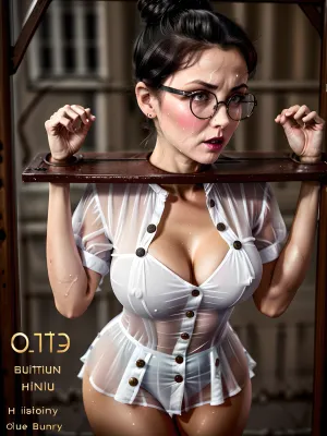 (((only one woman))), retro 1940s, British headmistress, British headmistress woman in full body uniform, covering the chest completely, 95 year old British woman with Victorian Edwardian shiny black hair, (((hair bun))), gran, grandma, facial wrinkles, different faces and body, blue lipstick, pale skin, all buttons closed tightly from the neck to the bottom, audience, background characters, crowd, public humiliation, (((white satin transparent see trough blouse with all buttons tightly closed))), all buttons closed tight from the neck to the bottom, (full frame view), angry attitude, arrogant attitude, dominant face, bitchy face, ((Looks disapproving at the camera:1.3)), looking at the viewer, intense stare, look at the viewer, eye contact, looking at camera, wearing glasses, and ginormous breast, pillory, <lora:Concept-pilloryV2:.9>, hands in metal handcuffs, <lora:chained_up:.5>, open mouth, saliva, nipples, large breasts, completely nude, bent over, outdoors, surrounded, exhibitionism, <lora:model_full_body_v1:.5>, <lora:sweat_lotion_v2:.5>, surrounded by people, exhibitionism with crown and public, audience public people watching, background characters watching, crowd watching, <lora:suggestive_liquid_v1.1:.5>, <lora:realcumAI:.5>