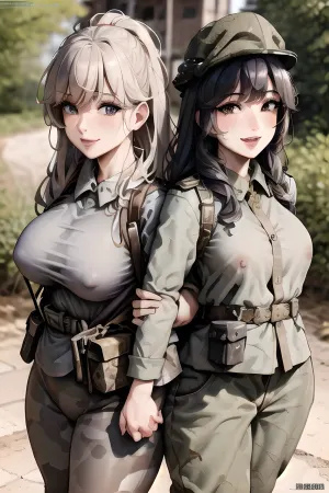 A tall, busty woman with perfect skin and wide hips stood in the ruins of an old building, covered in sweat as she held an assault rifle. Her face was full of sweat and her lips were red from exertion. She wore camoufl