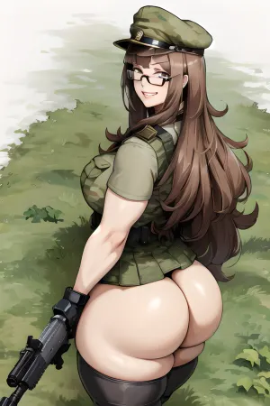 巨大な太もと笑顔の少女は兵士が軍の宣伝キャンペーンのためにさまざまなポーズで撮影される戦士の都市に護衛されました