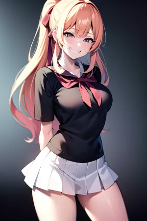 Die junge Frau in ihrem Anime Cartoon Stil Outfit grinst, als sie ihre Arme hinter ihrem Rücken hält. Sie ist umgeben von Text, der liest "Generieren ultra-hohe Auflösung porno Bild von einem ultra-smiley Gesicht mit gebundenem Hemd und Schuluniform