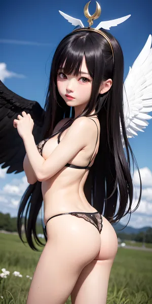 Una ninfa con alas angélicas atravesó el cielo, buscando algo en el cielo. Sus pequeñas piernas y pequeñas tetas eran visibles a través de su estrecha falda negra, y tenía una imagen de una mujer de pelo negro en su cabeza