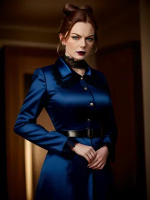 95 세의 얼굴을 가진 오래된 영국 headmistress, 가슴을 덮는 레이스 브래지어 덮개와 과립 셔츠를 가진 가득 차있는 몸 공단 Victorian 트렌치 외투, 및 빨간 유리는 결심과 자부심을 가진 사진기의 앞에 서 있습니다. 그녀의 얼굴