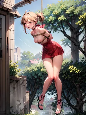 The AI generated porn picture of a naked blonde tied with ropes and suspended on ropes, looking at the viewer with open arms behind her back, is bound from behind, suspended on ropes, and looking at the viewer with an open mouth. It has a