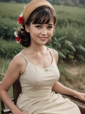 Una foto de moda vintage impresionante de una mujer en sus 50s con un vestido elegante y un pinup de longitud completa, tomado en el campo de trigo detrás de su casa, con el sol de la mañana iluminando su belleza y felicidad