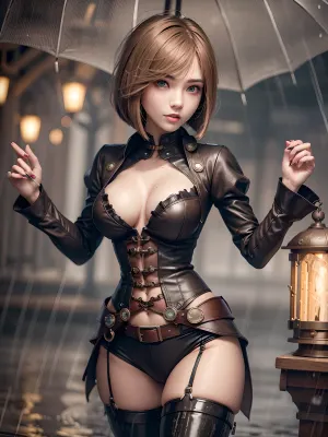 1girl, Korean girl, best quality, ultra-detailed, Victorian steampunk brown clothes, brawn leather, masterpiece, volumetric lighting, high res, 8k wallpaper, 23 year old, blue eyes, blonde natural beauty, athletic, perfect body, sweet face, beautiful face, Alissa, (messy bob cut:1.5), (hair:1), full-length photo, hourglass figure, perfect bum, elongated beautiful slender body, elongated beautiful slender long legs, Alissa perfect hands, insanely detailed smile, insanely detailed eyes, insanely detailed face, Alissa messy neon hair, steampunk outdoor, (heavy rain:1.5), Democlesiste, <lora:Democlesiste-10:.5>