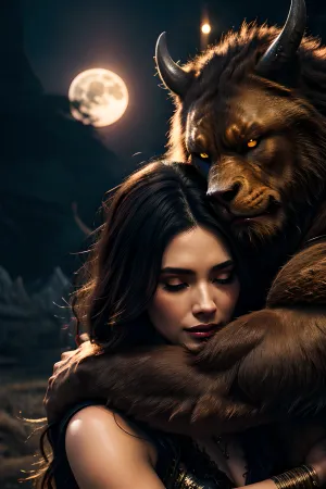 Женщина и зверь были потеряны в мире фантазий, окруженных пышной зеленью и мягким свечением полнолуния. Они крепко держались друг за друга, их близкие объятия запечатлены на интимной фотографии с острым фокусом зверя и женщиной