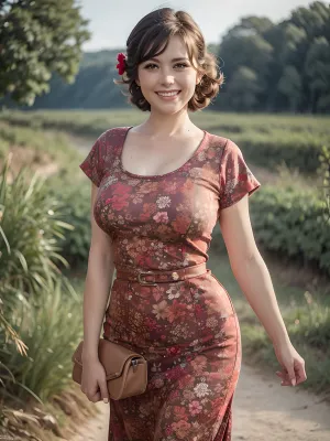 The woman in the picture is a Soviet pinup model, with long curly hair and a bright dress. She is smiling and posing for the camera, showing off her beauty and grace. The photo was taken in Moscow during the 1980s,