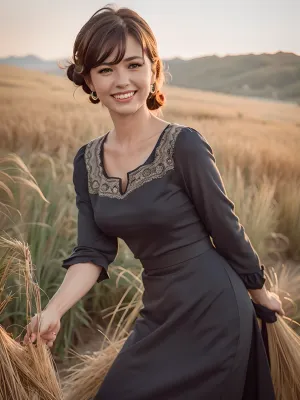 The woman in the picture is wearing a beautiful dress and has a very happy smile on her face. She has full lips that are painted red, almond-shaped eyes, long lashes, high cheekbones, and full lips. Her hair is styled