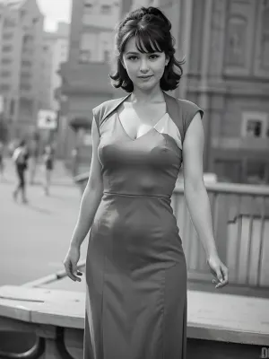 照片中的女人穿着漂亮的裙子和微笑,没有发抖或缠绕的痕迹. 貌似她可能来自任何时代 但她绝对看起来像是1970年代或80年代的