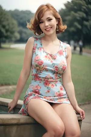 The woman in the picture is wearing a beautiful red dress with a floral print, standing in the Moscow park and smiling for the camera. She looks like she's from that era, with a beautiful park and street full of people