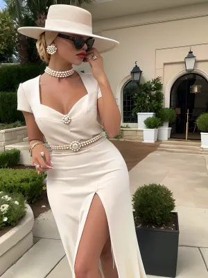 1young adult girl, dress, hat, jewelry, plant, potted_plant, _hair, solo, sun_hat, white_dress, breasts, blonde_hair, choker, dark_skin, necklace, bag, hair_bun, dark-skinned_female, lips, white_headwear, sunglasses, ring, mature_female, handbag, pearl_necklace, old money, <lora:old money:1>