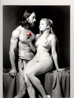 men and woman, Adam and Eve, Eve holds an apple and offers it to Adam, (red apple), naked, engraving in the style of Albrecht Durer men and woman, Adam and Eve, Eve holds an apple and offers it to Adam, (red apple), naked, engraving in the style of Albrecht Durer