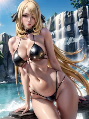 Cynthia, a mature female with long hair and high quality breasts, was taking a picture at the waterfall. She had her arms behind her back and was looking at the camera with a lewd face. Her body was perfect, with large breasts and